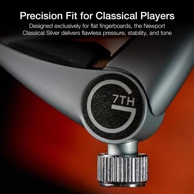 G7th Newport Guitar Capo, Classical Silver - 60mm Low-Profile, Easy to Use Flip Lever Guitar Capo with Fine-Tune Adjustment Knob, Safe Silicone Pads - Perfect for Classical & Flamenco Guitars - Image 2